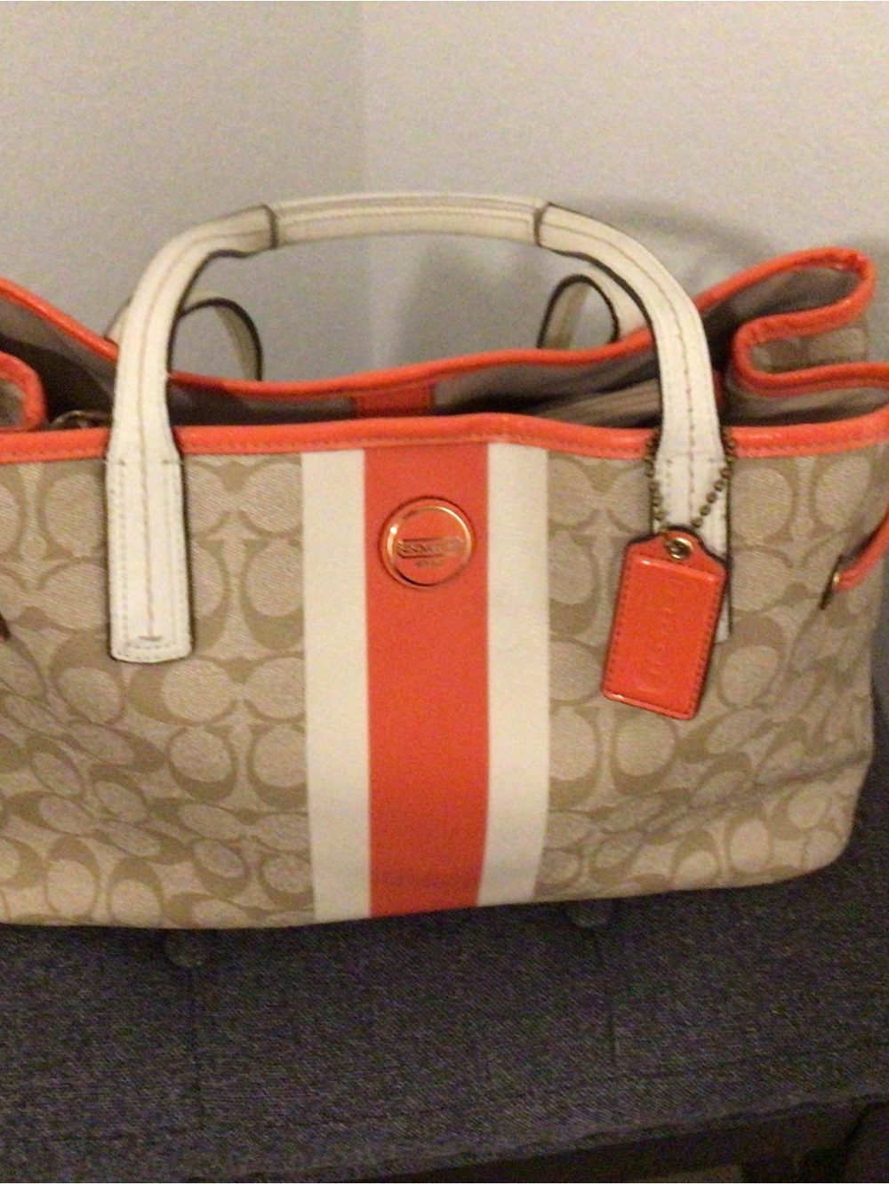 Coach Beige and Orange Stripe Canvas Tote with White Accents